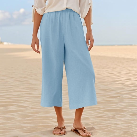 JUSLIO Womens Capris Loose Solid Drawstring, with Pockets Everyday Casual Wide-Leg Capris