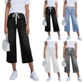 thumbnail image 1 of JUSLIO Womens Capris Solid Drawstring with,Pockets Loose Everyday Casual Denim 7/8 Length Jeans, 1 of 8