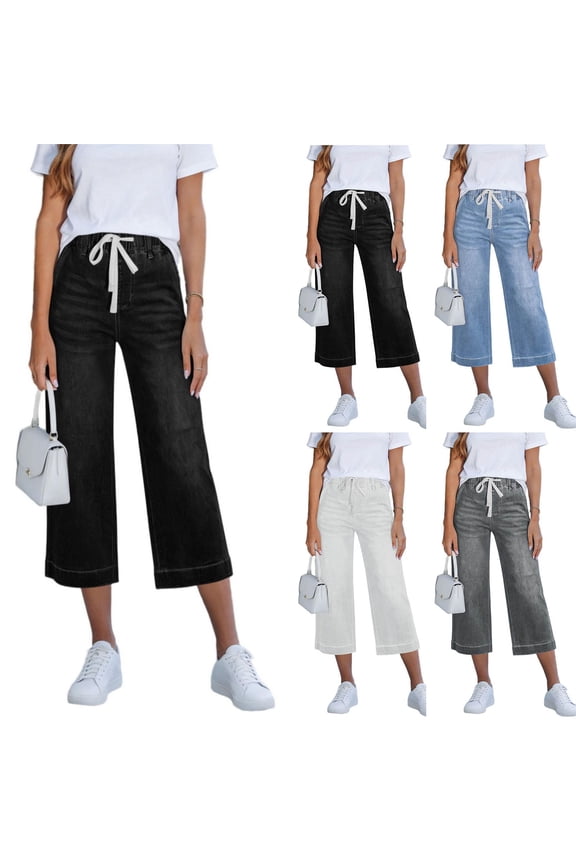 Womens Capris Solid Drawstring with,Pockets Loose Everyday Casual Denim 7/8 Length Jeans