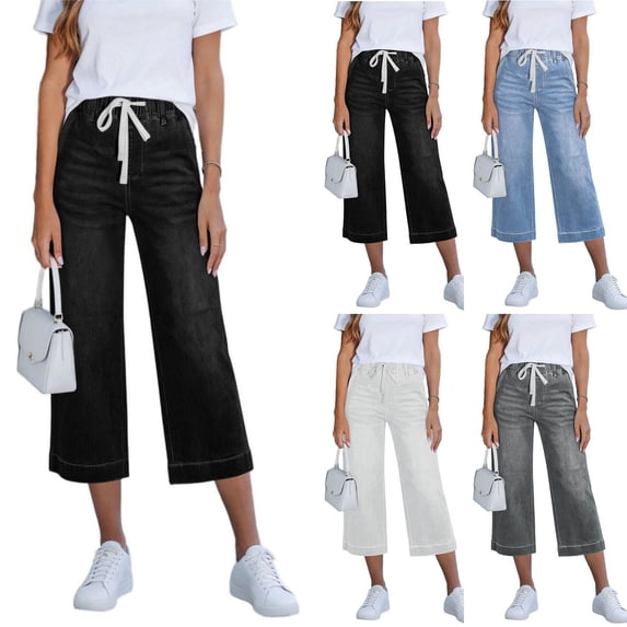 JUSLIO Womens Capris Solid Drawstring with,Pockets Loose Everyday Casual Denim 7/8 Length Jeans