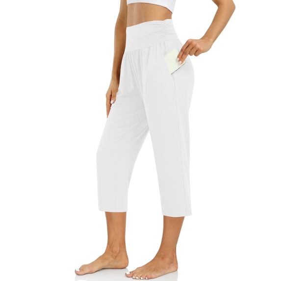 JUSLIO Womens Capris Solid with Pockets, Casual Everyday Ruched Capris