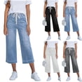 thumbnail image 1 of JUSLIO Womens Capris with Pockets Loose,Solid Drawstring Everyday Casual Denim 7/8 Length Jeans, 1 of 8