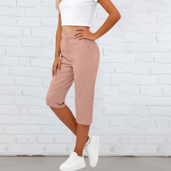 JUSLIO Womens Capris with Pockets Solid, Casual Workout Button Capris