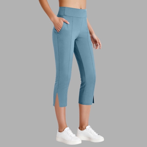 JUSLIO Womens Capris with Pockets Solid Workout Yoga Split Hem Capri Leggings