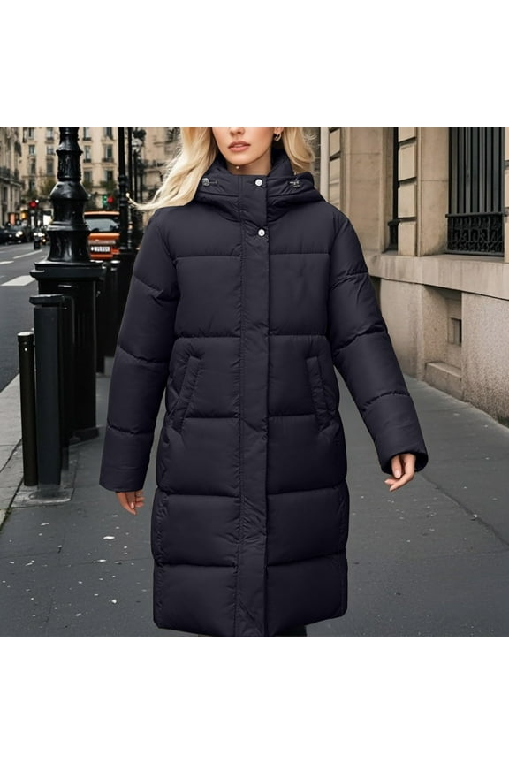 Womens Coats Casual Loose Thick Long Sleeve Hooded Coat Winter Solid Long Down Jackets Black L