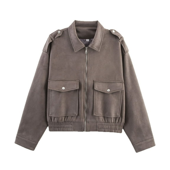 JUSLIO Womens Coats Fashion Zipper Pocket Belt Washed Leather Short Jacket Coat Gray L