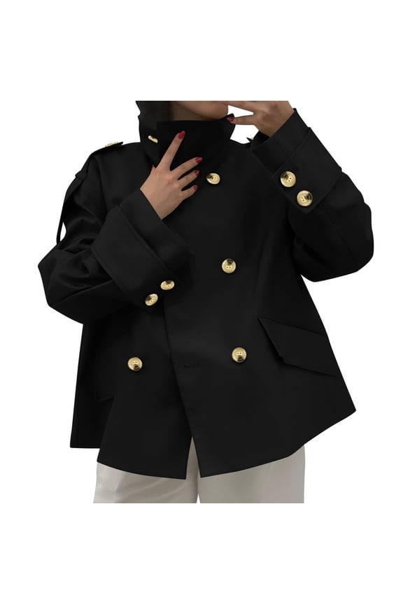 Winter Coats for Women,Double Breasted Stand Collar Cropped Trench Jacket Outerwear Black 2XL