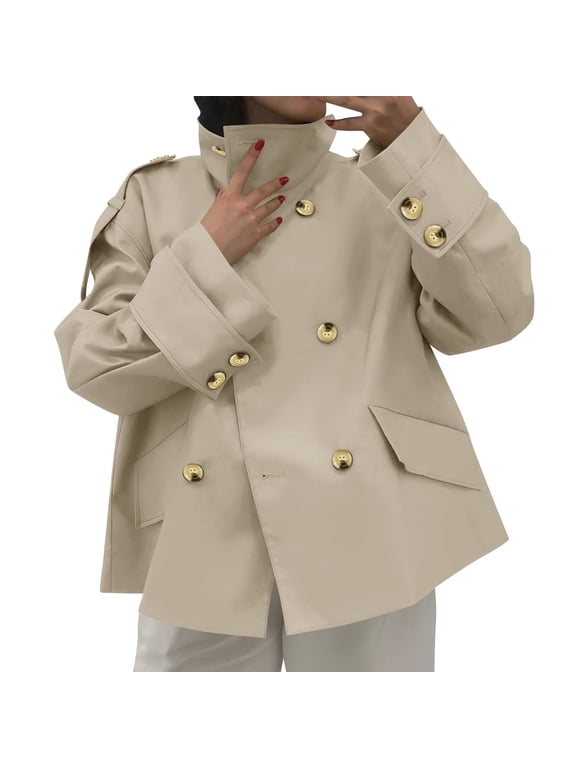 Womens Coats,Double Breasted Stand Collar Cropped Trench Jacket Outerwear Khaki S