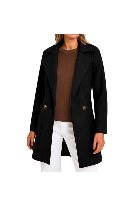 Womens Coats Solid Casual Thicken Wool Stand Collar Inner Lining Pocket Breasted Pea Mao Coat Black 2XL