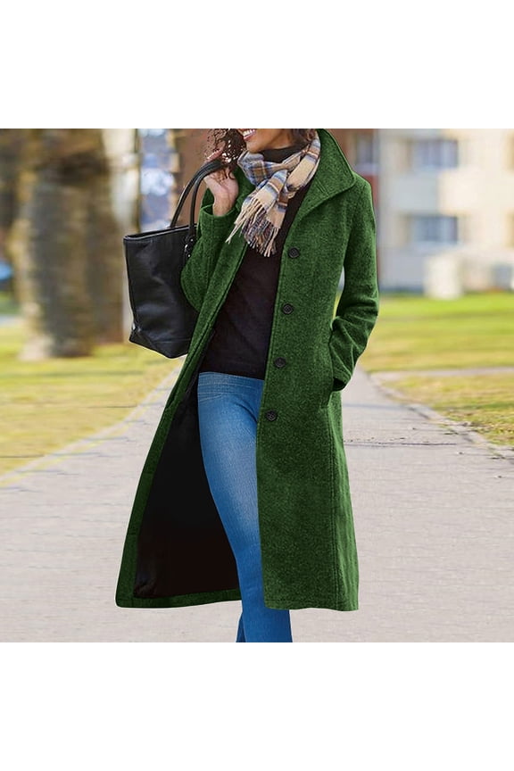 Womens Coats Solid Casual Thicken Wool Stand Collar Inner Lining Pocket Breasted Pea Mao Coat Green S