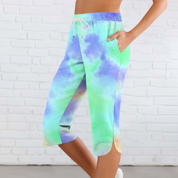 JUSLIO Womens Drawstring with Pockets Fashion, Print Elastic Waist Casual Workout Split Hem Capri Pants