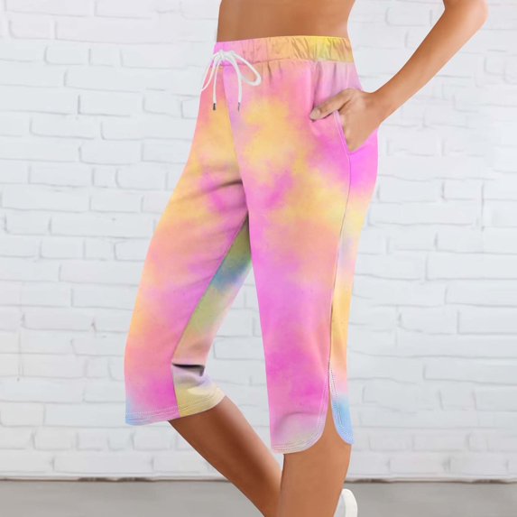 JUSLIO Womens Fashion Print Elastic Waist, Drawstring with Pockets Casual Workout Split Hem Capri Pants