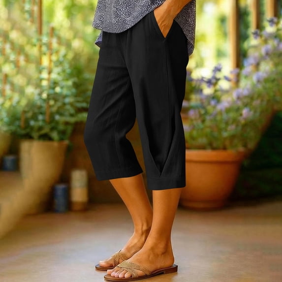 JUSLIO Womens High Waist with Pockets, Drawstring Casual Everyday Linen Capris