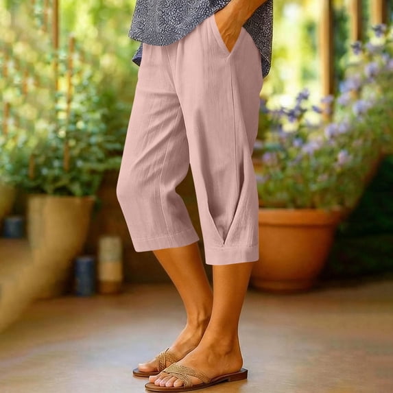 JUSLIO Womens High Waist with Pockets, Drawstring Casual Everyday Linen Capris