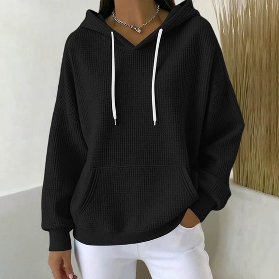 JUSLIO Womens Hoodies Waffle Knit Textured Fabric Breathable Lightweight Drawstring Hood Kangaroo Pocket Oversized Relaxed Fit Hoodies Black L