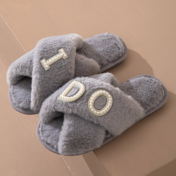 JUSLIO Womens House Slippers Fuzzy Plush Open Toe Slides Non Slip Flat Sole House Slippers Crisscross Cross Strap Slippers Gray