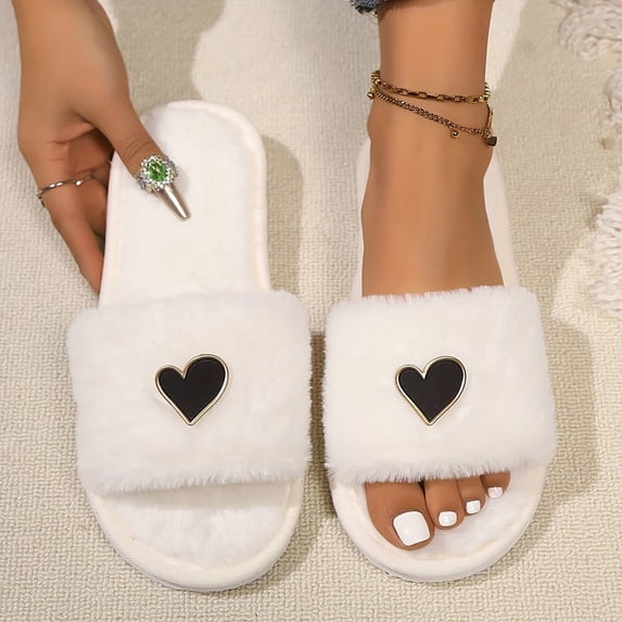 JUSLIO Womens House Slippers Open Toe Slides Fuzzy Plush Flat Sole Non Slip Indoor House Slippers