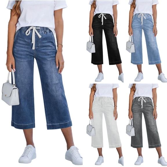 JUSLIO Womens Loose Solid Drawstring with,Pockets Casual Everyday Denim 7/8 Length Jeans