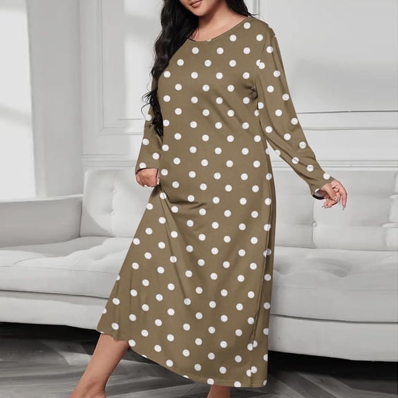 JUSLIO Womens Nightgown Graphic Print Nightgown Sleep Dress Long Sleeve Loungewear Round Collar Robes Coffee Pajama Nightgowns Sleepwear