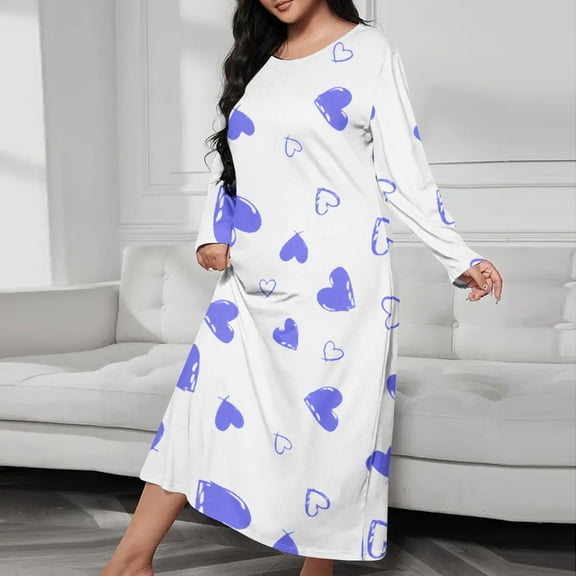 JUSLIO Womens Nightgown Hearts Pajama Long Sleeve Sleepwear Round Collar Nightgown Sleep Dress Dark Blue Loungewear Nightgowns Robes
