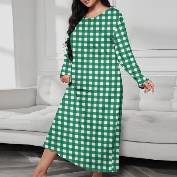 JUSLIO Womens Nightgown Plaid Loungewear Long Sleeve Robes Round Collar Pajama Army Green Sleepwear Plus Size Nightgown Sleep Dress