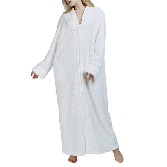 JUSLIO Womens Nightgown Solid Sleepwear Long Sleeve Nightgown Sleep Dress Classic Collar Loungewear Zipper Robes Nightgowns Pajama