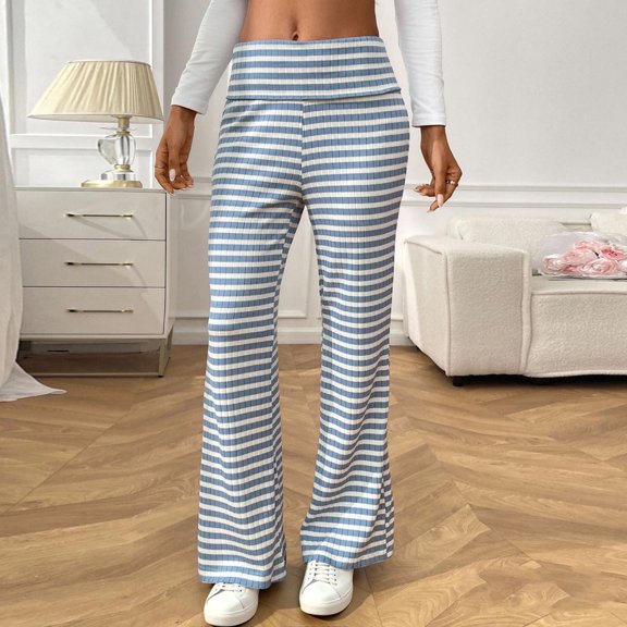 JUSLIO Womens Pants Comfortable Casual Lounge Striped Pants for Women Straight Leg Pants Blue XL