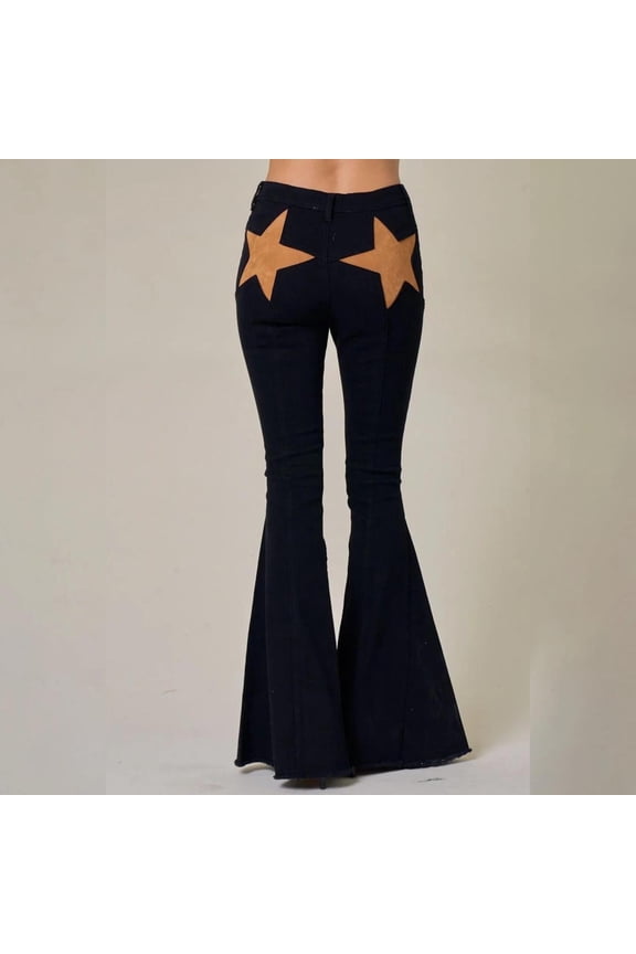 Womens Pants Comfortable Casual Zipper Button Jeans Pants for Women Bell-bottoms Black XL
