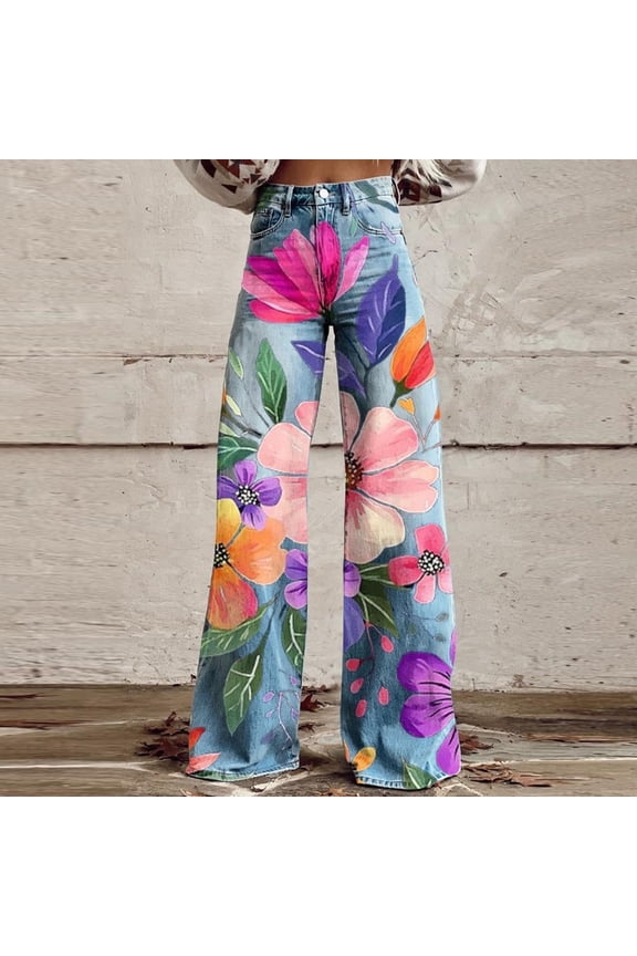 Jeans for Women Floral Print High Waist Straight Jeans Plus Size Stretchy Pants,Sizes S-5XL