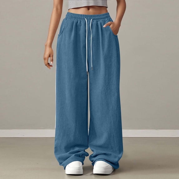 JUSLIO Womens Pants Fleece Casual Pockets Drawstring Sweatpants Comfortable Wide leg Pants Blue S