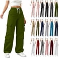 thumbnail image 1 of JUSLIO Womens Multi-Pocket Casual Trousers High Waist Wide Leg Cargo Pants,Green,S, 1 of 9