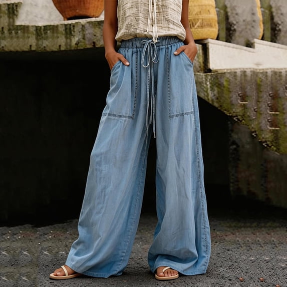 JUSLIO Womens Pants,Spring Casual Straight Wide Leg Full Length Daily Denim Jeans