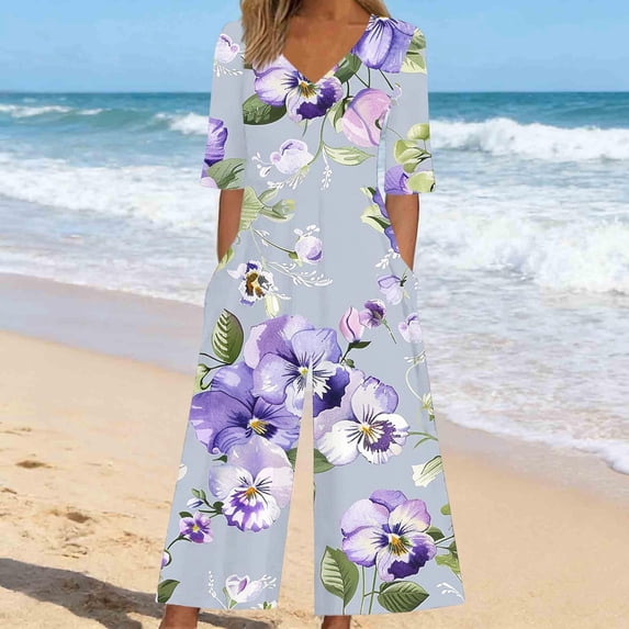 JUSLIO Womens Jumpsuits Zipper Random Print Comfort Waist V-Neck with Pockets Fashion Casual Jumpsuits