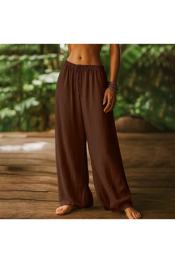 Womens Pants with Pockets High Waist Plus Size Drawstring Linen Loose Elastic Waist Straight Pants