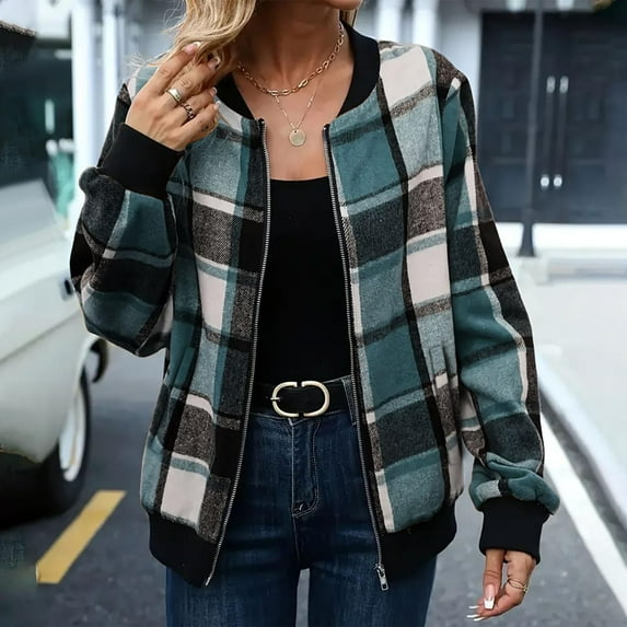 JUSLIO Jackets for Women Plaid Zipper Front Cardigans Tops Long Sleeve with Pockets Casual Outerwear Army Green XXL