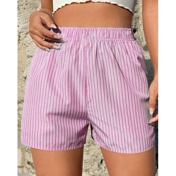 JUSLIO Womens Shorts,Elastic Waist with Pockets High Waist Mid-Length Shorts,Summer Striped,Pink,Size M