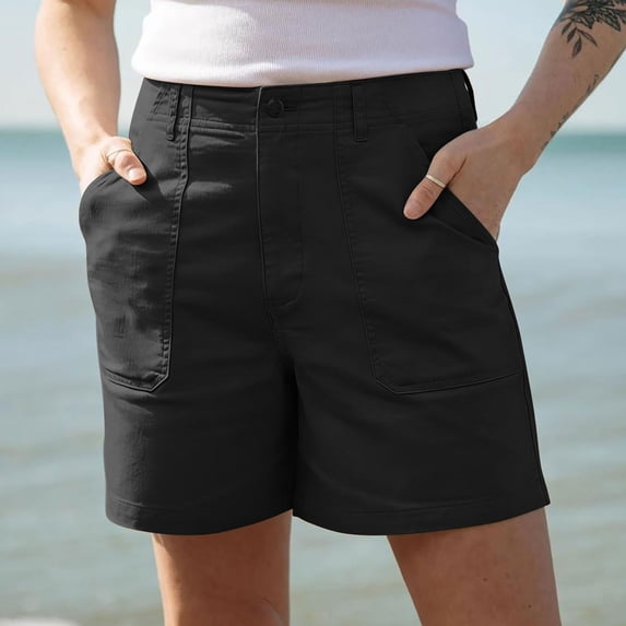JUSLIO Womens Shorts,with Pockets High Waist Mid-Length Shorts,Twill Lightweight,Black,Size L