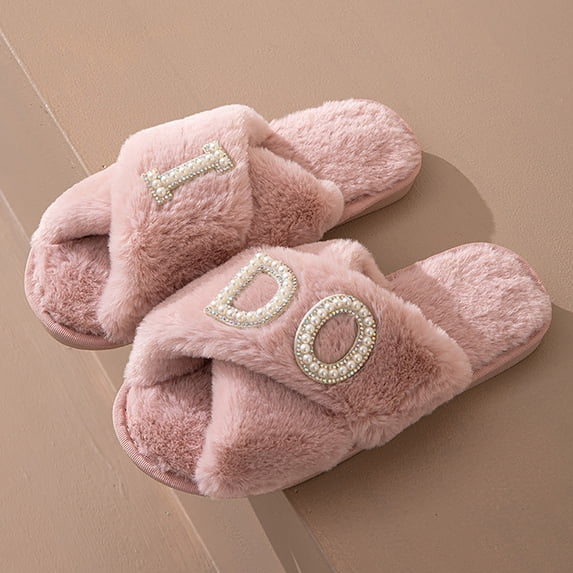 JUSLIO Womens Slippers Non Slip Flat Sole House Slippers Crisscross Cross Strap Fuzzy Plush Open Toe Slides Slippers Pink