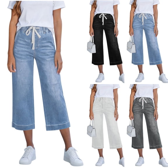 JUSLIO Womens Solid Drawstring with Pockets,Loose Everyday Casual Denim 7/8 Length Jeans