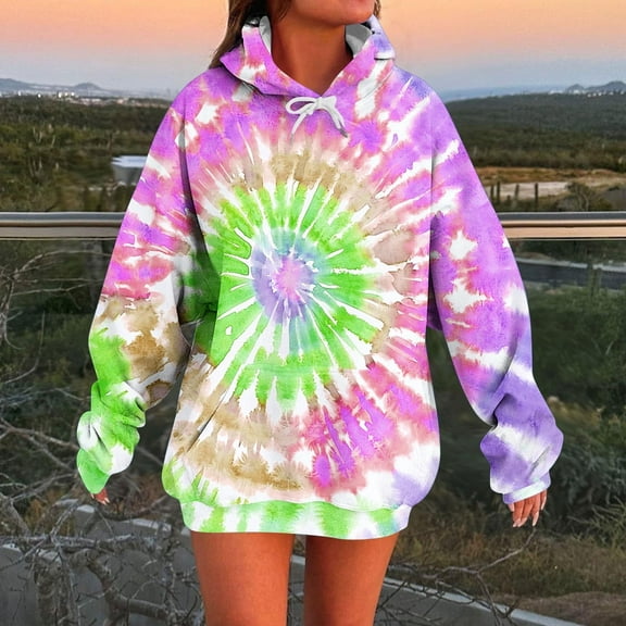 JUSLIO Womens Sweatshirt Hooded Tie Dye Hoodies Long Sleeve Casual Comfortable Everyday Sweatshirts