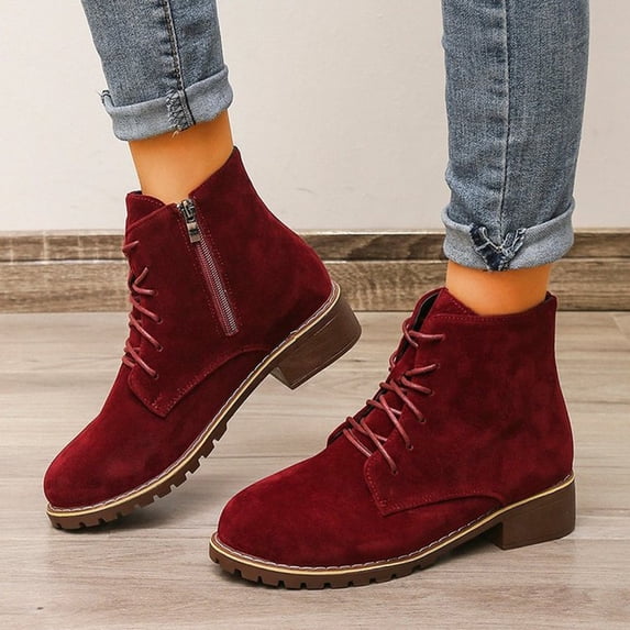 JUSLIO Womens Winter Boots,Mid Heel Martin Boots Fashion Round Toe Winter Fall Solid Color Casual Dress Boots Lace Up Boots