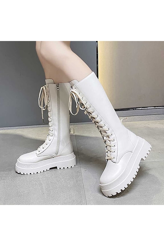 Womens Winter Boots,Side Zip Lace Up Platform Round Toe Mid Heel Mid Calf Boots Versatile Comfortable Boots