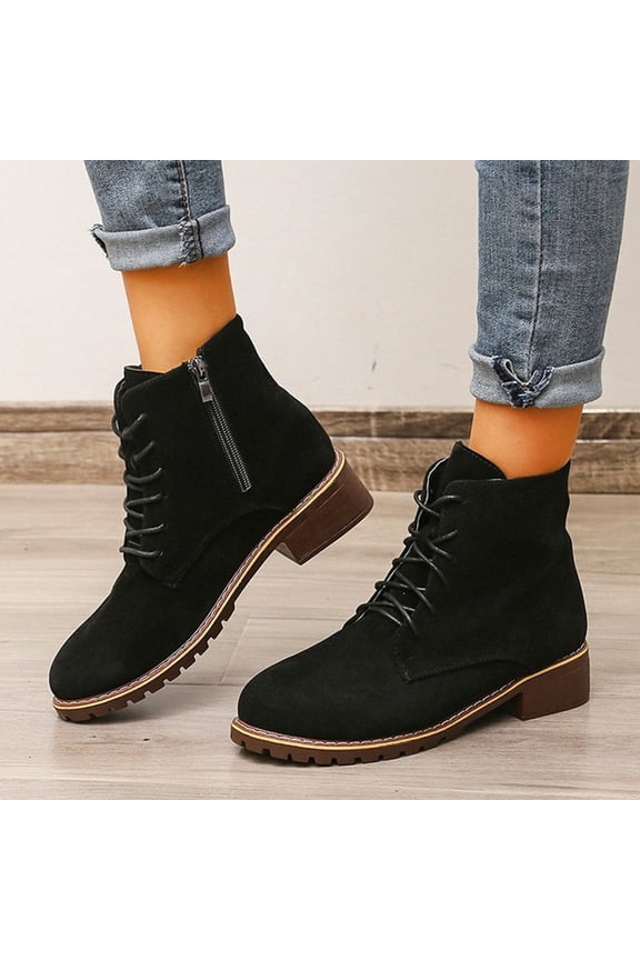 Womens Winter Boots,Solid Color Mid Heel Lace Up Martin Boots Round Toe Winter Fall Casual Dress Boots Fashion Boots