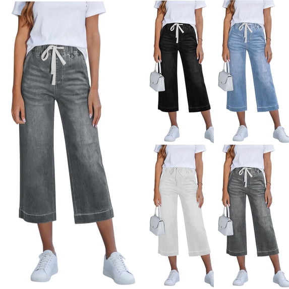 JUSLIO Womens with Pockets Loose Solid Capris Jeans,Drawstring Everyday Casual Denim 7/8 Length Jeans
