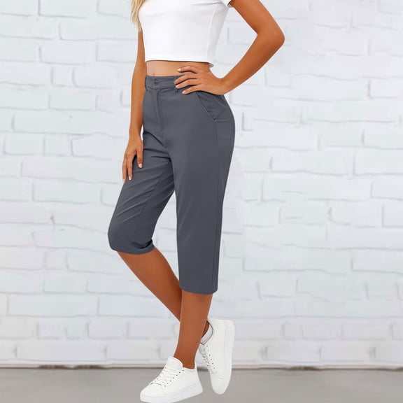 JUSLIO Womens with Pockets Solid Workout, Casual Button Capris