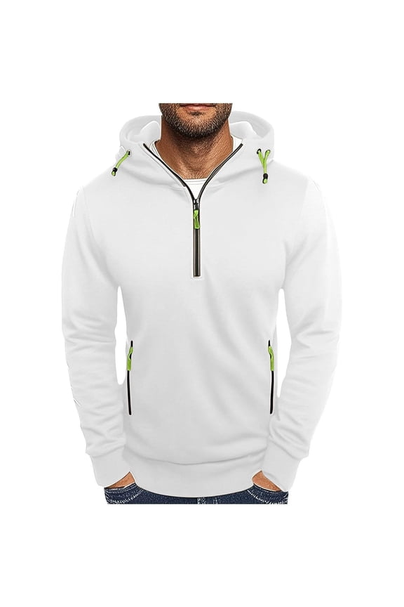 Zipper Long Sleeve T Shirts for Men Pullover Hoodies Sweatshirts with Pockets Long sleeve Half-Zip Sweatshirts White XL