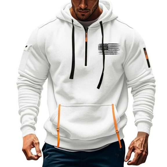 Juslio Sweatshirts for Men Drawstring Pullover Long Sleeve Hoodies Zip Pockets Hooded Sweatshirts White 2XL