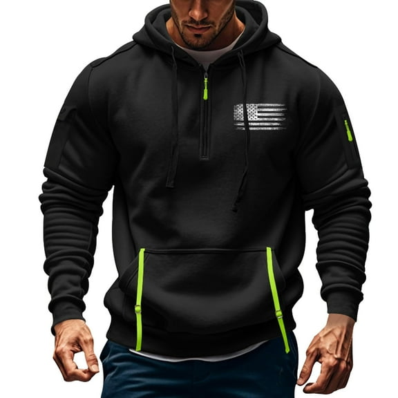 Juslio Hoodies for Men Pullover Long Sleeve Zip Pockets Hoodies Drawstring Hooded Sweatshirts Black L