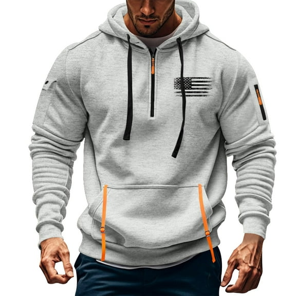Juslio Hoodies for Men Drawstring Pullover Long Sleeve Hoodies Zip Pockets Hooded Sweatshirts Gray L