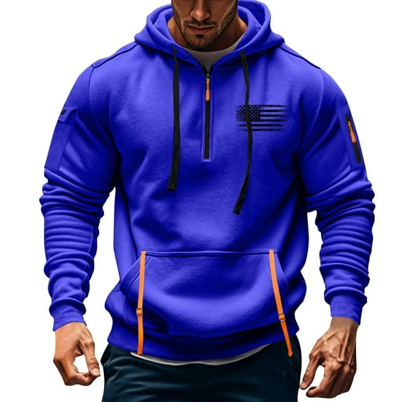 Juslio Hoodies for Men Zip Pockets Hoodies Drawstring Pullover Long Sleeve Hooded Sweatshirts Blue L